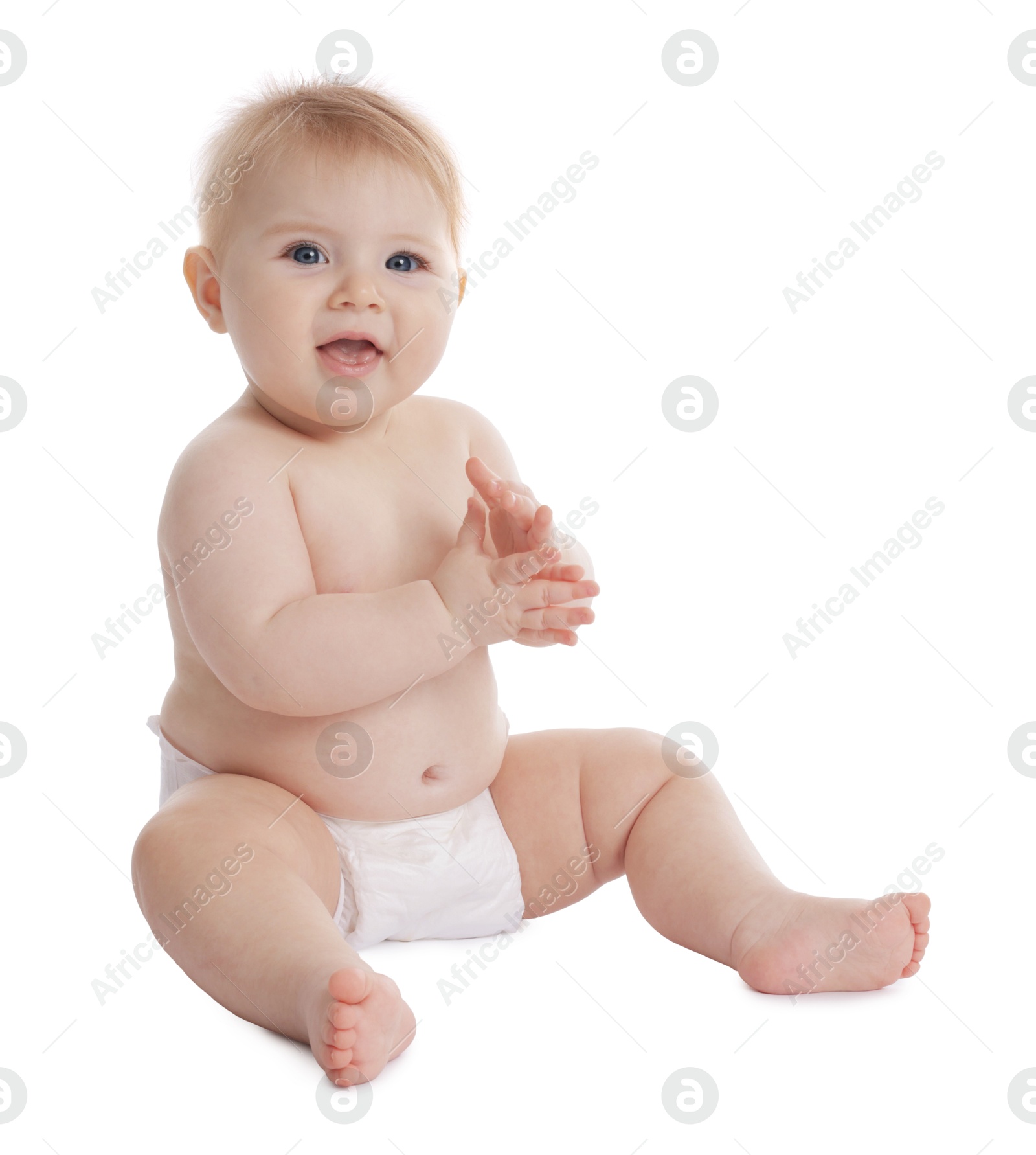 Cute little baby in diaper on white background Photo of Cute little baby in diaper on white background