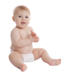 Photo of Cute little baby in diaper on white background