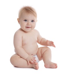 Photo of Cute little baby in diaper on white background