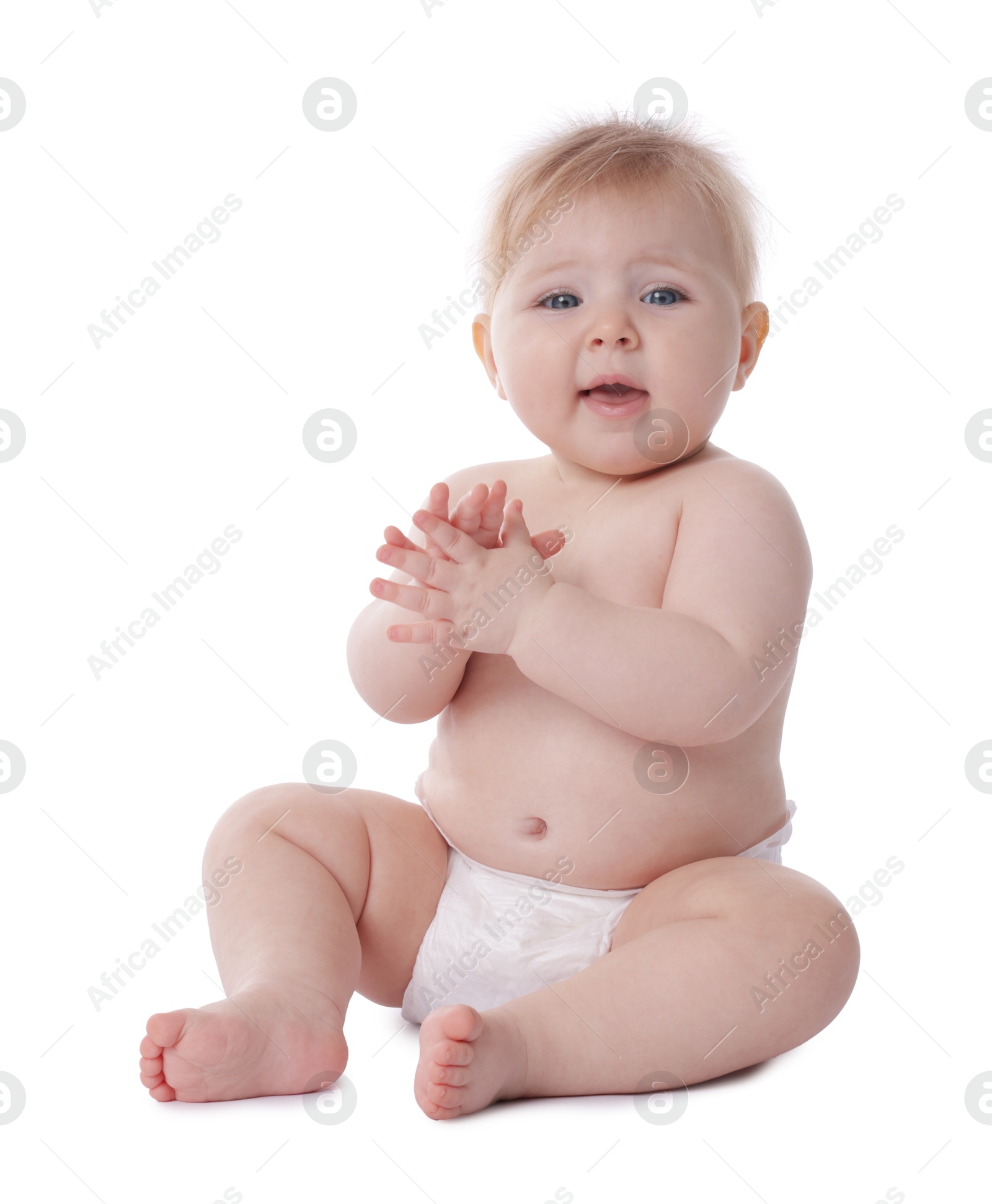 Cute little baby in diaper on white background Photo of Cute little baby in diaper on white background