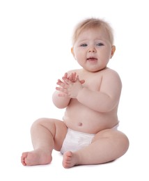 Photo of Cute little baby in diaper on white background