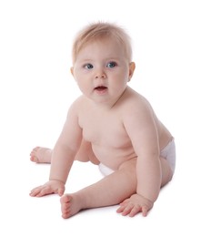 Photo of Cute little baby in diaper on white background
