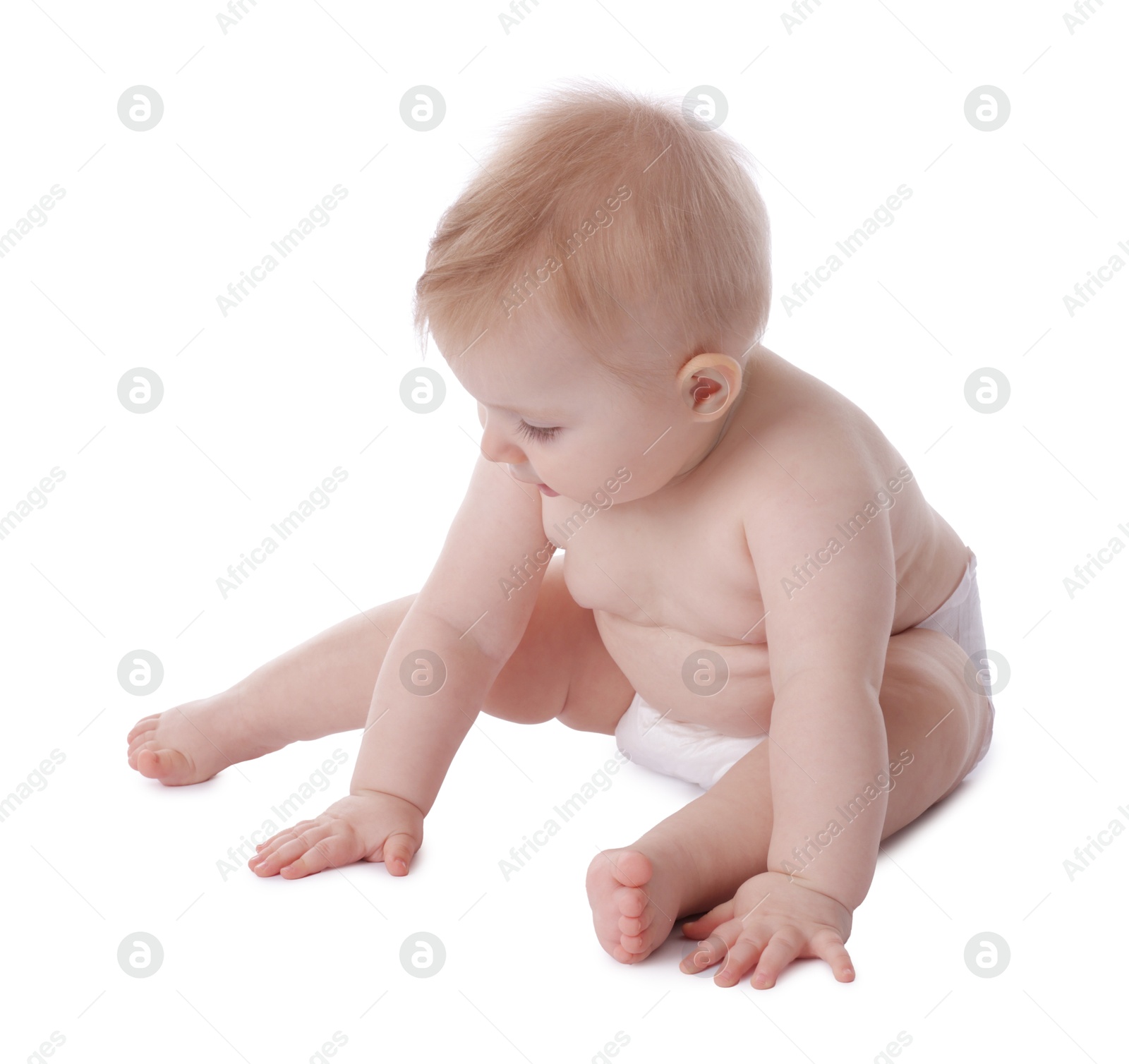 Cute little baby in diaper on white background Photo of Cute little baby in diaper on white background