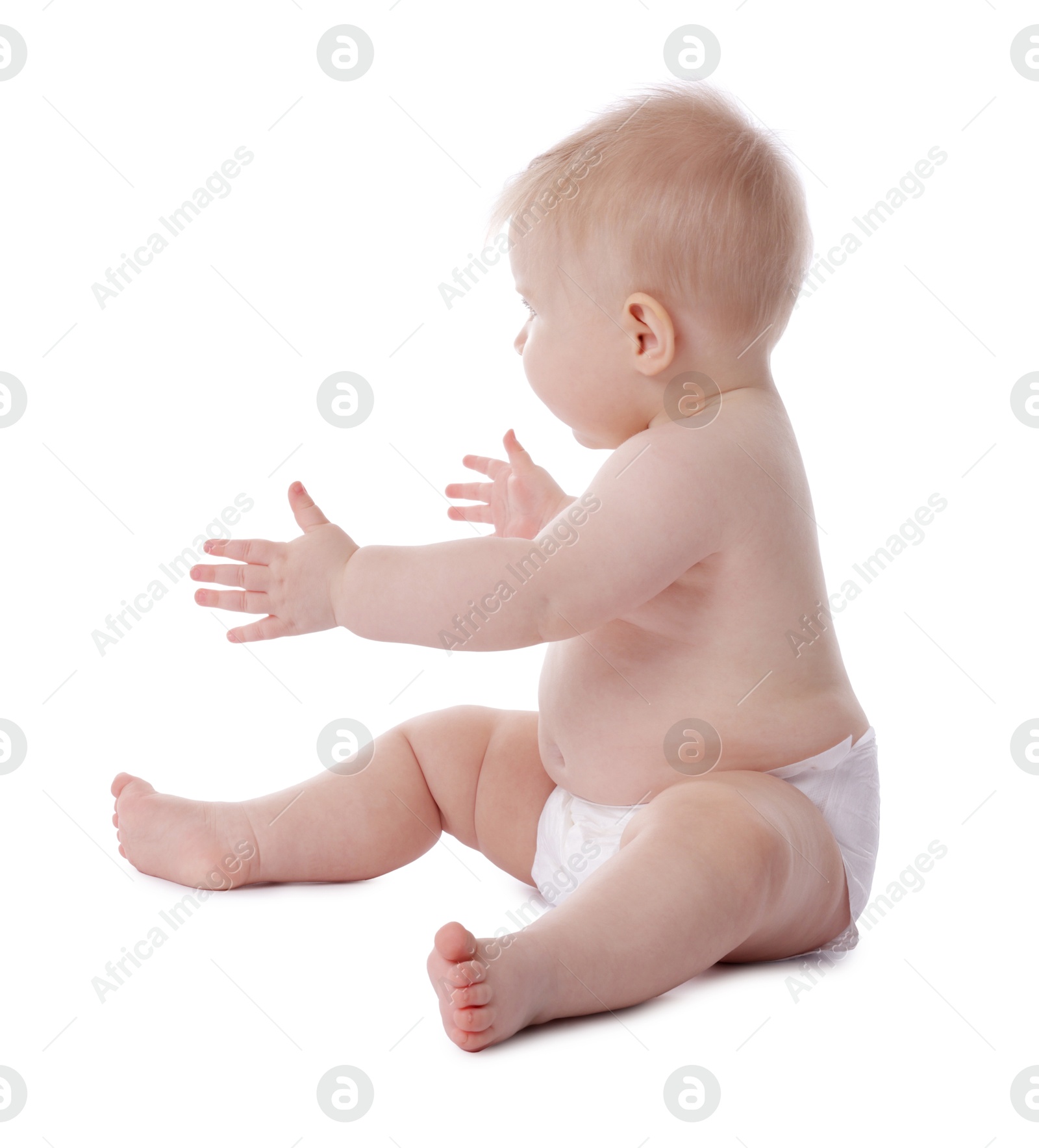 Cute little baby in diaper on white background Photo of Cute little baby in diaper on white background