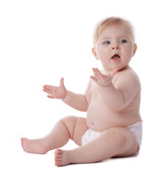 Photo of Cute little baby in diaper on white background