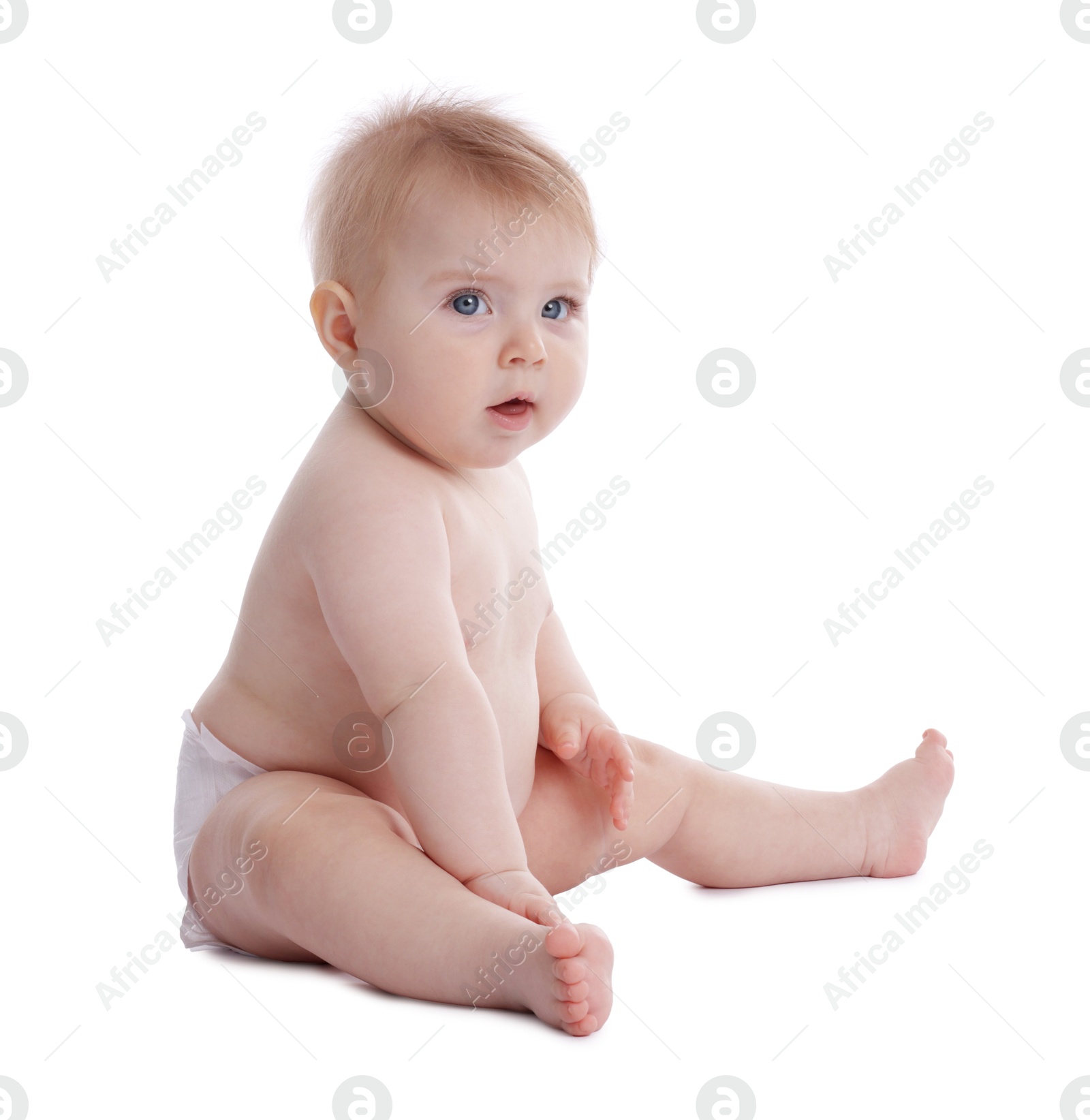 Cute little baby in diaper on white background Photo of Cute little baby in diaper on white background