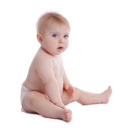 Photo of Cute little baby in diaper on white background