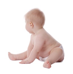 Photo of Cute little baby in diaper on white background