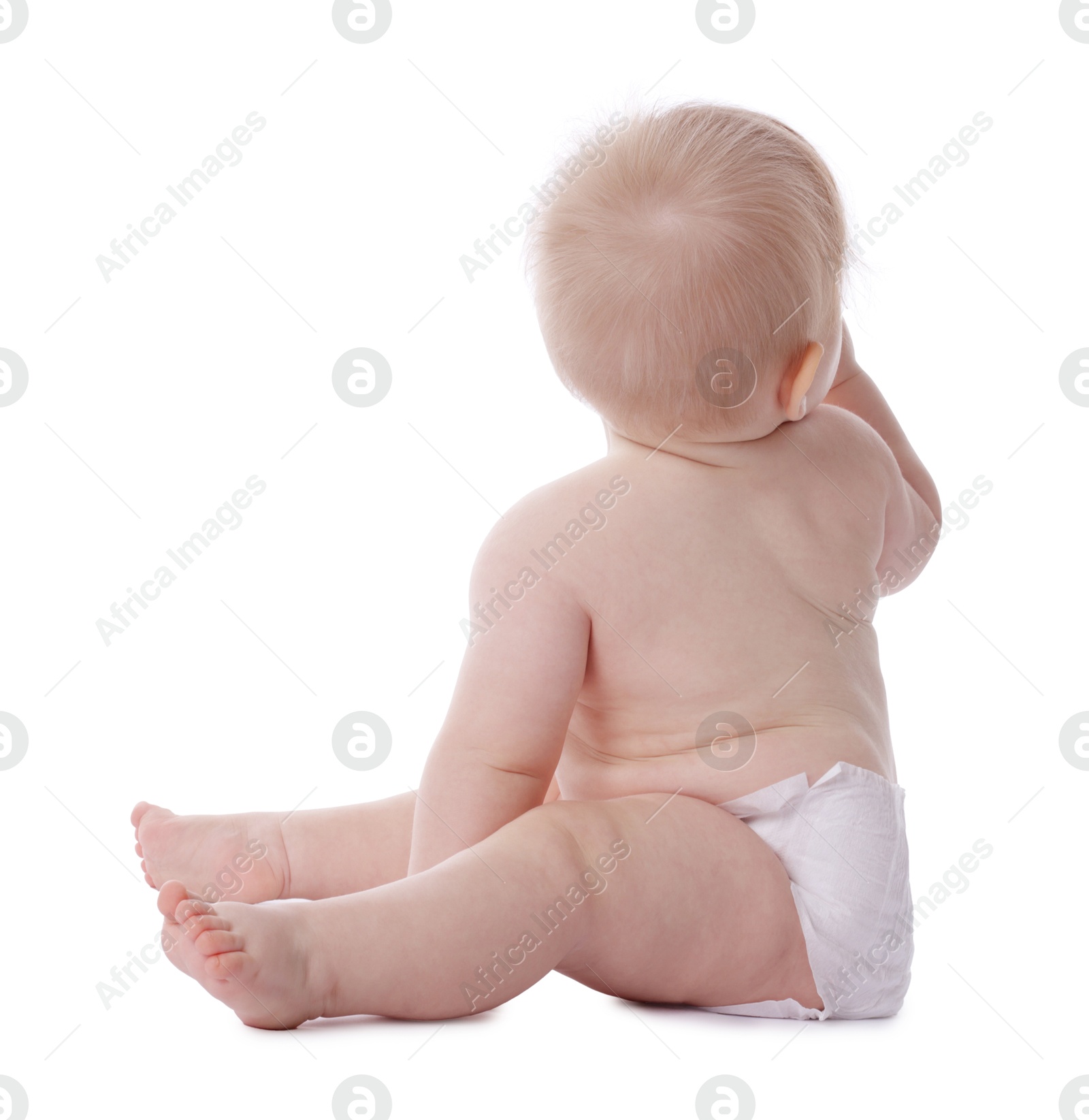 Cute little baby in diaper on white background Photo of Cute little baby in diaper on white background