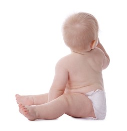 Photo of Cute little baby in diaper on white background