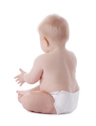 Photo of Cute little baby in diaper on white background