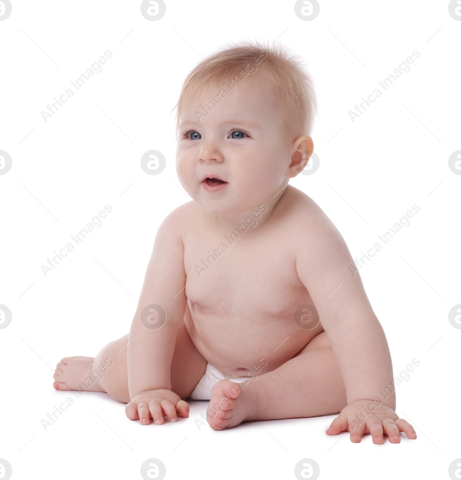 Cute little baby in diaper on white background Photo of Cute little baby in diaper on white background