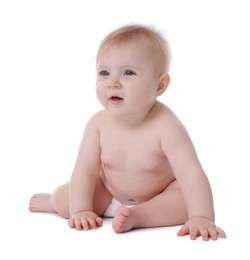 Photo of Cute little baby in diaper on white background