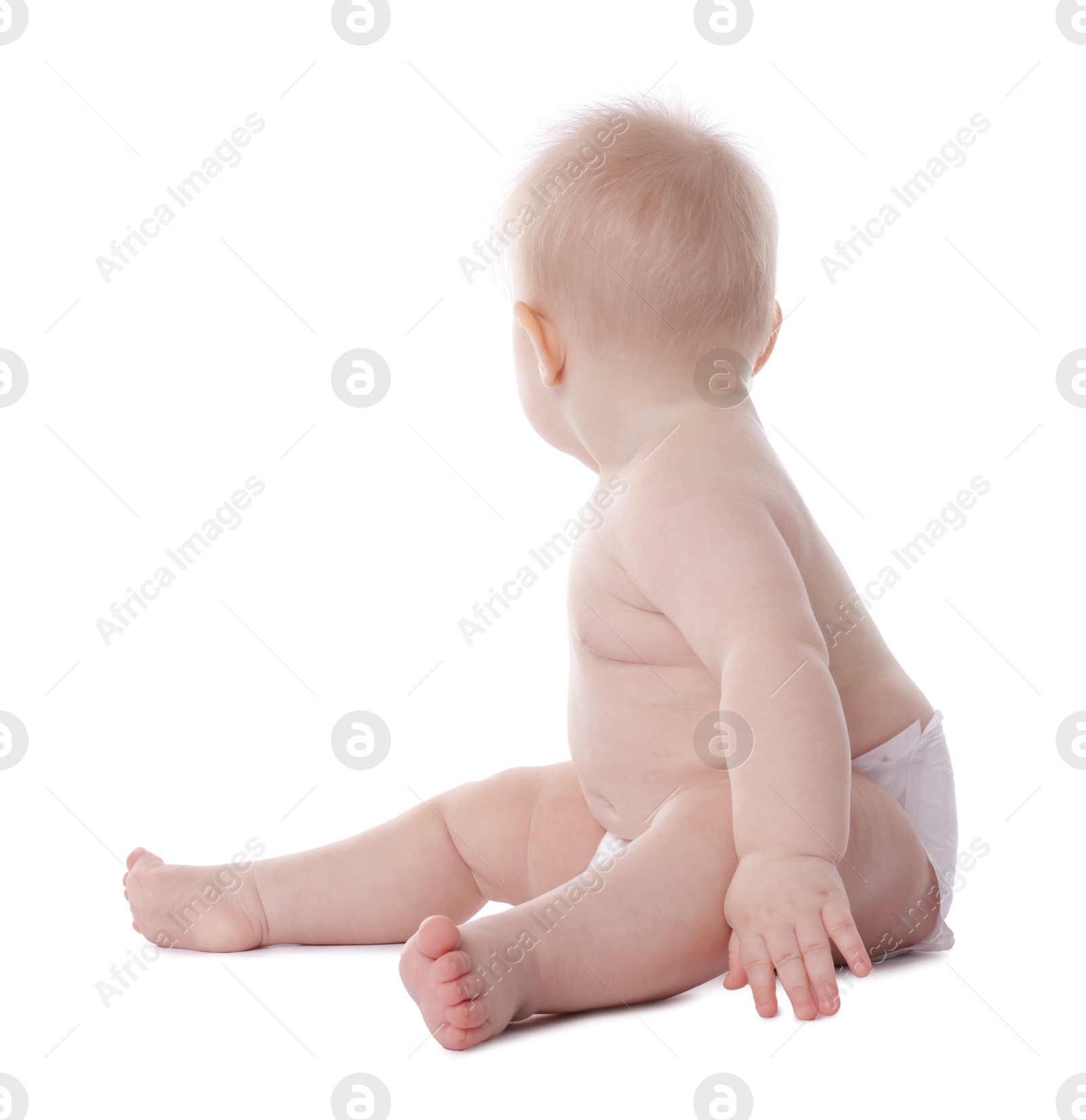 Cute little baby in diaper on white background Photo of Cute little baby in diaper on white background