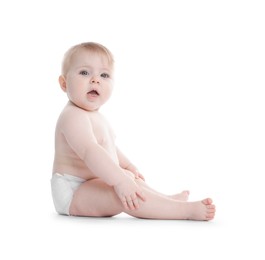 Photo of Cute little baby in diaper on white background