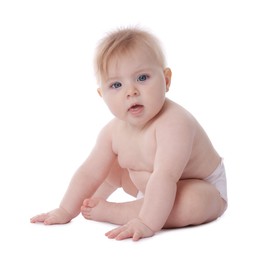 Photo of Cute little baby in diaper on white background