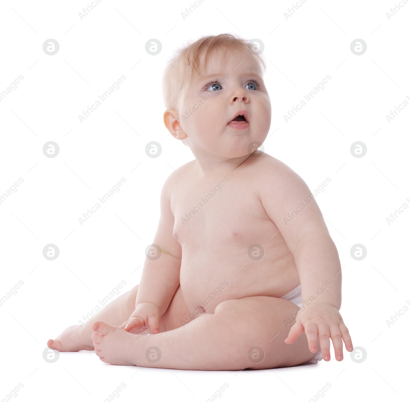 Cute little baby in diaper on white background Photo of Cute little baby in diaper on white background