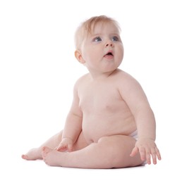 Photo of Cute little baby in diaper on white background
