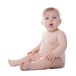 Photo of Cute little baby in diaper on white background