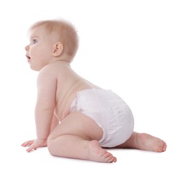 Photo of Cute little baby in diaper on white background