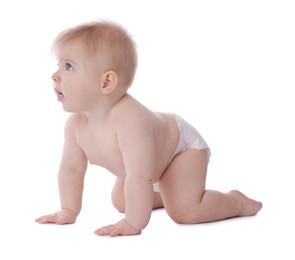 Photo of Cute little baby in diaper on white background
