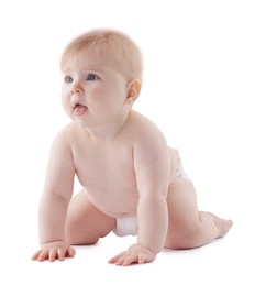 Photo of Cute little baby in diaper on white background