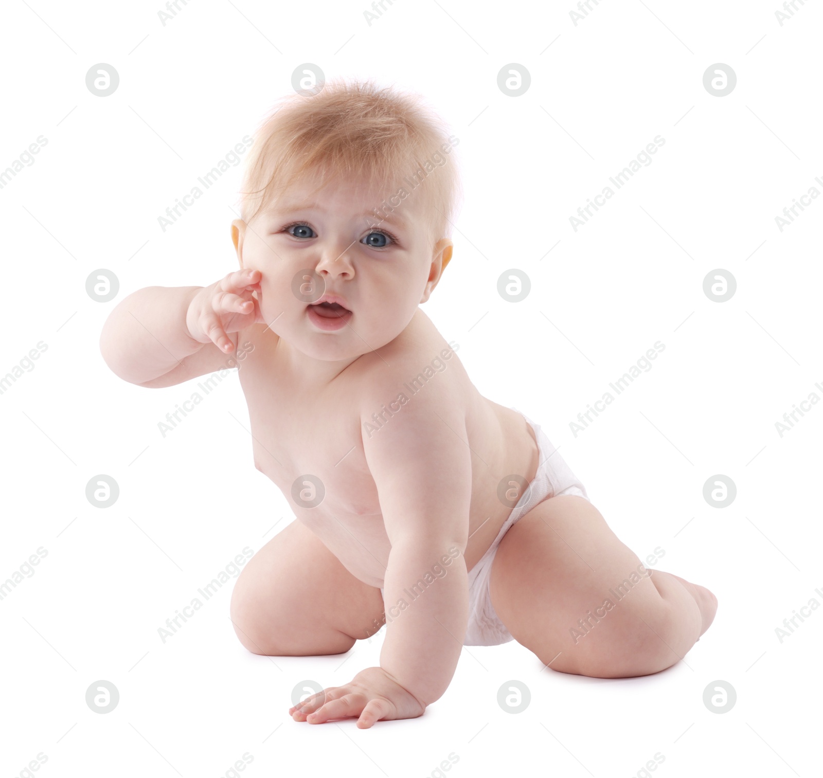 Cute little baby in diaper on white background Photo of Cute little baby in diaper on white background