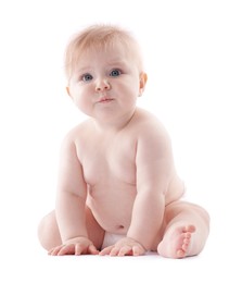 Photo of Cute little baby in diaper on white background