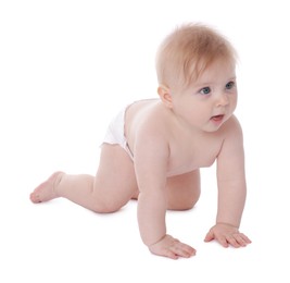 Photo of Cute little baby in diaper on white background