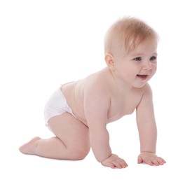 Photo of Cute little baby in diaper on white background