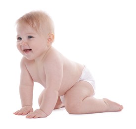 Photo of Cute little baby in diaper on white background