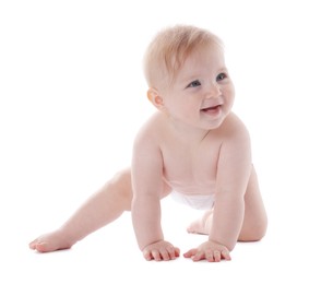 Photo of Cute little baby in diaper on white background