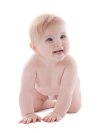 Photo of Cute little baby in diaper on white background