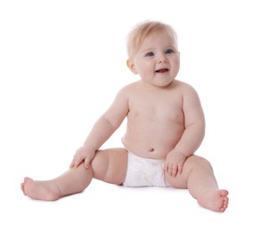 Photo of Cute little baby in diaper on white background
