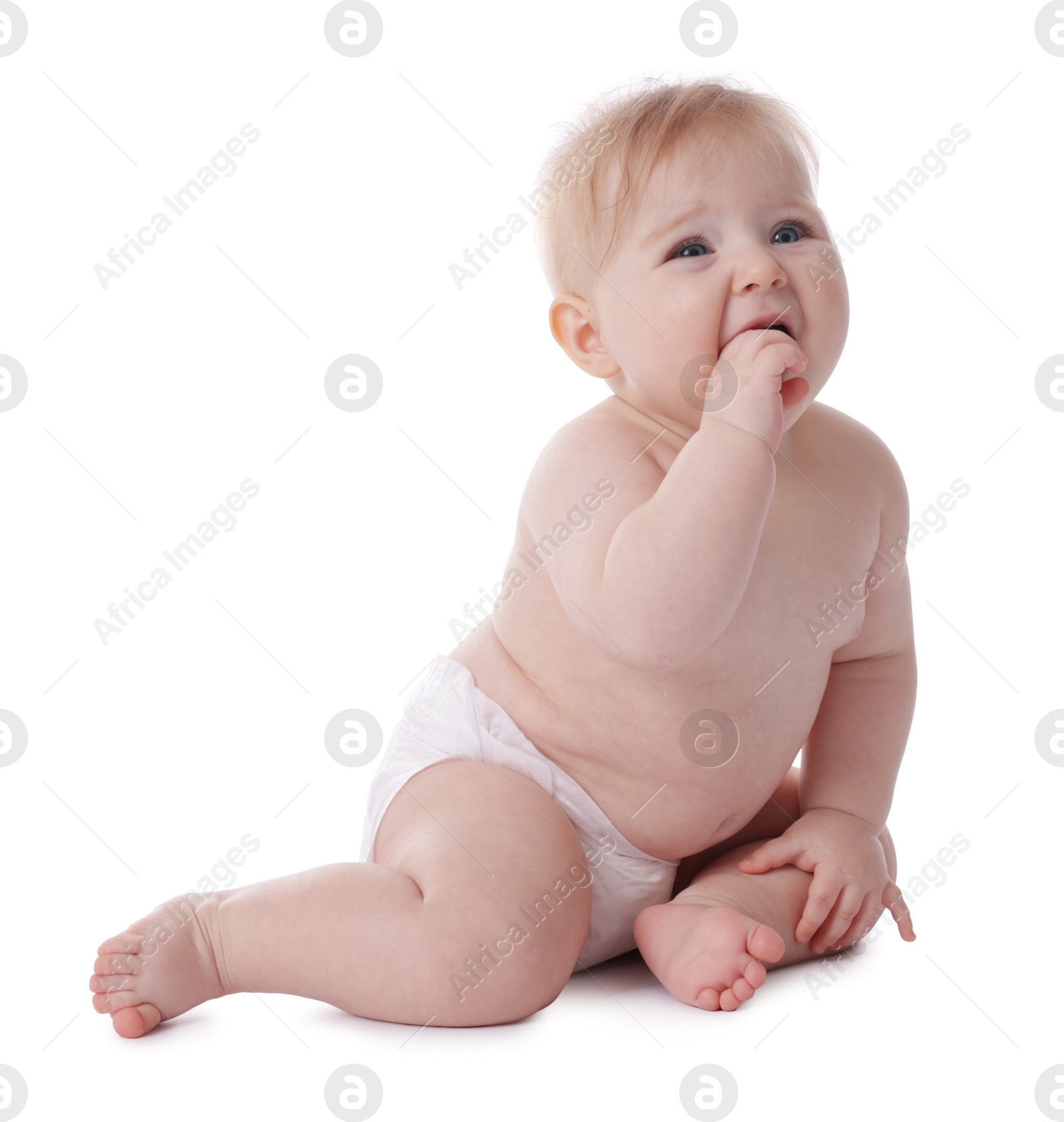 Cute little baby in diaper on white background Photo of Cute little baby in diaper on white background