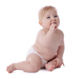 Photo of Cute little baby in diaper on white background