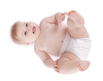 Photo of Cute little baby in diaper on white background, top view