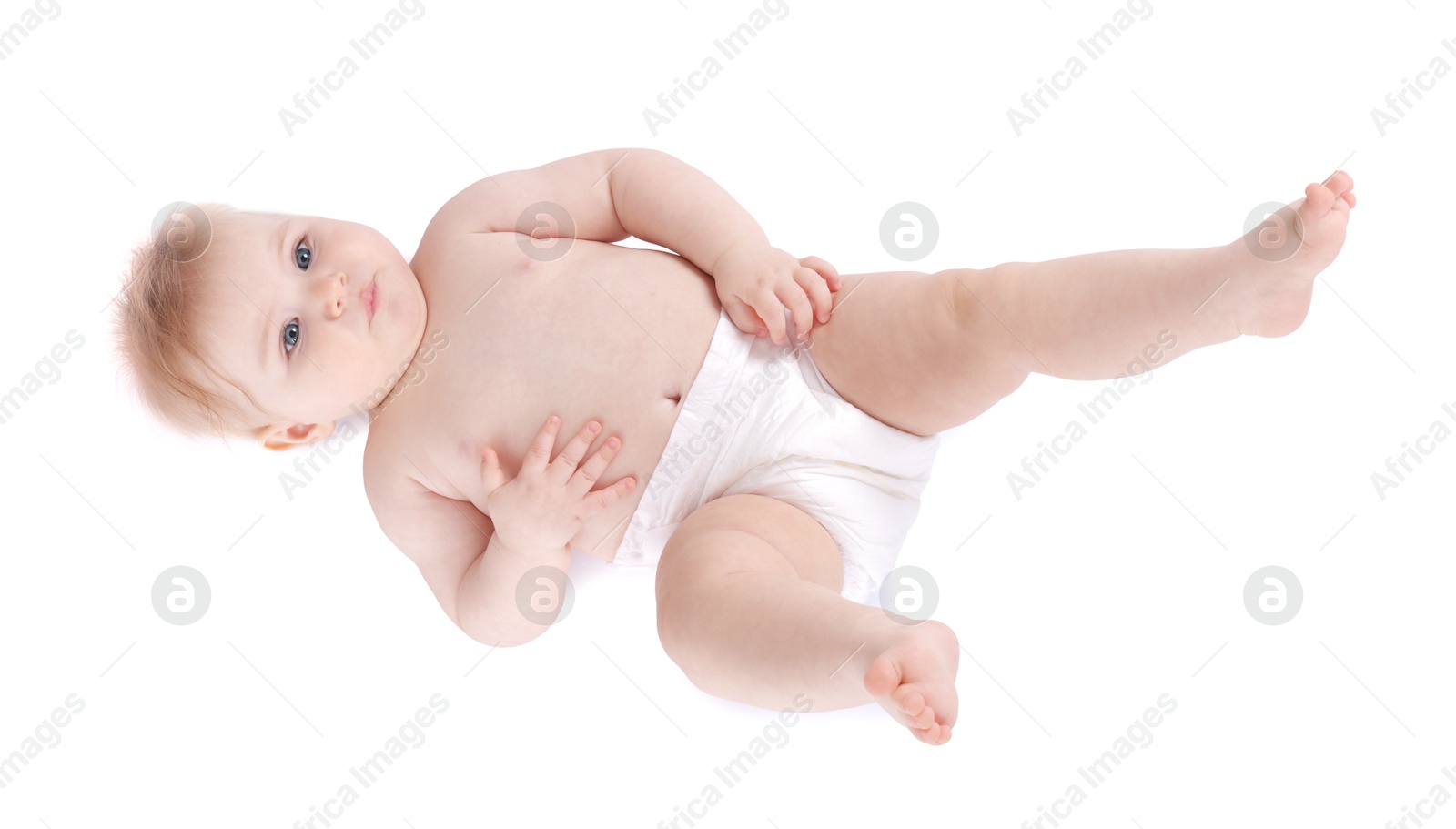 Cute little baby in diaper on white background, top view Photo of Cute little baby in diaper on white background, top view