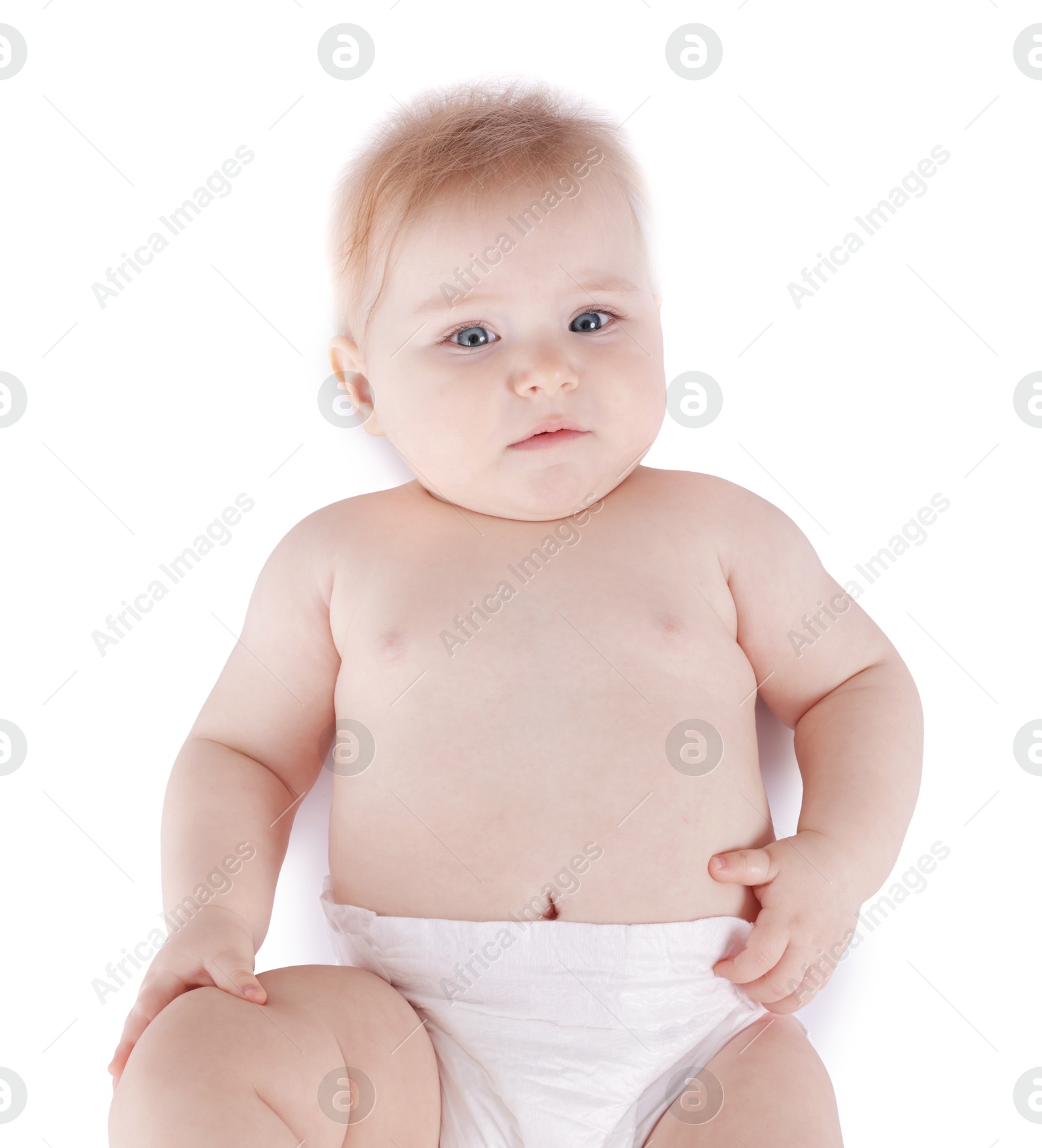 Cute little baby in diaper on white background, top view Photo of Cute little baby in diaper on white background, top view