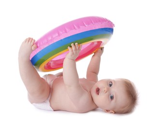 Photo of Cute little baby with inflatable ring on white background