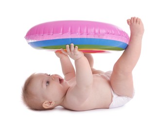 Photo of Cute little baby with inflatable ring on white background