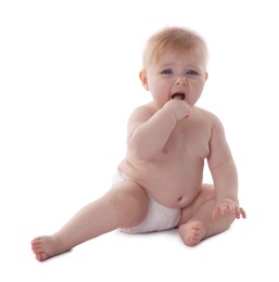 Photo of Cute little baby in diaper on white background
