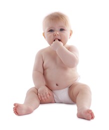 Photo of Cute little baby in diaper on white background