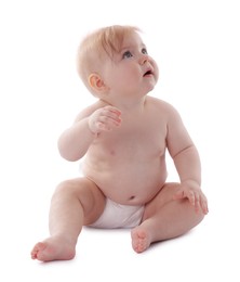 Photo of Cute little baby in diaper on white background