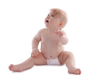 Photo of Cute little baby in diaper on white background
