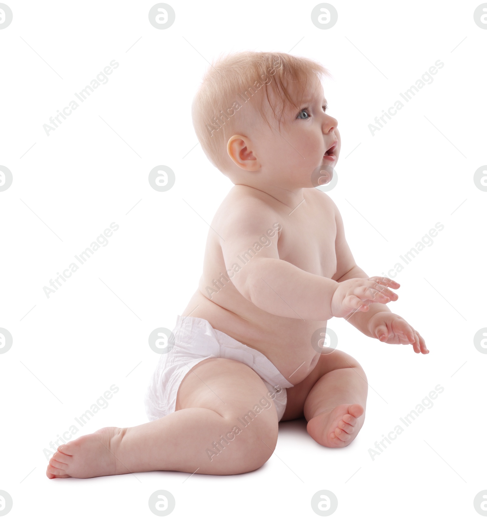Cute little baby in diaper on white background Photo of Cute little baby in diaper on white background