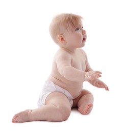 Photo of Cute little baby in diaper on white background