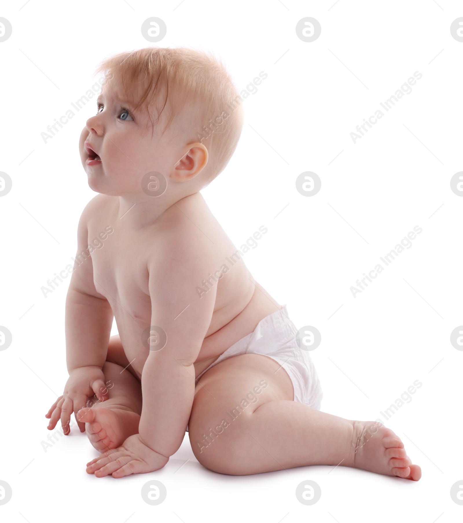Photo of Cute little baby in diaper on white background
