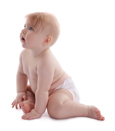 Photo of Cute little baby in diaper on white background