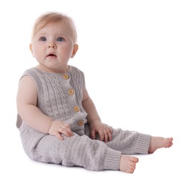 Photo of Cute little baby in knitted romper on white background